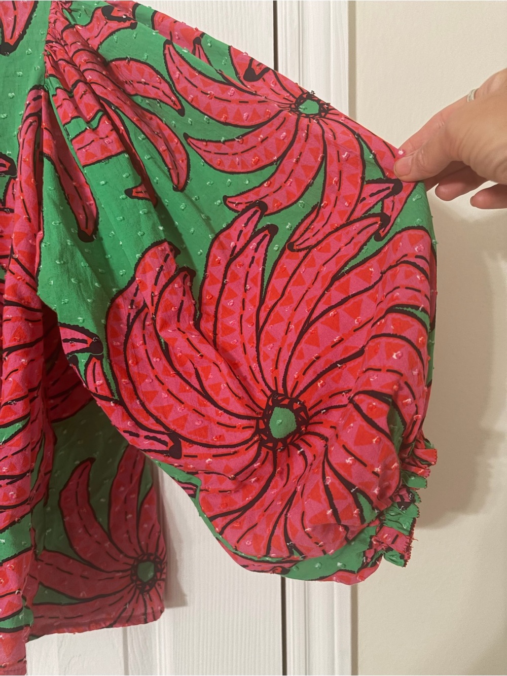FARM Rio Banana Pitta Pink Green Floral Puff Sleeve Blouse Size Small - Picture 6 of 9
